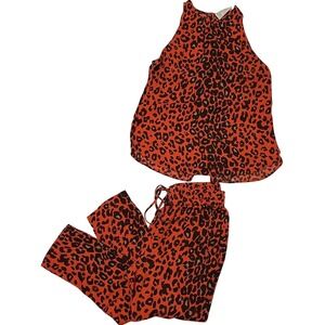 A.L.C. Red Leopard Tank Pant‎ Set Sz L 100% Silk maximalist chic boho eclectic
